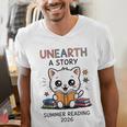 Unearth a Story Cute Kitten Summer Reading 2026 Cat Book Men's V-Neck T-Shirt