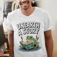 Unearth a Story Frog Reading a Book Summer 2026 Premium Tri-Blend Men's V-Neck T-Shirt
