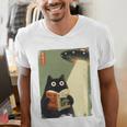 Vintage Japanese Cat Book Lovers UFO Alien Abduction Cat Dad Men's V-Neck T-Shirt