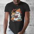 Cute Cozy Ghost Reading With Cat Book Lover Autumn Fall Men's V-Neck T-Shirt Cute Cozy Ghost Reading With Cat Book Lover Autumn Fall Men's V-Neck T-Shirt