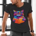 Cat Book Shirt Colorful Cat Reading Book Men's V-Neck T-Shirt
