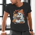 Cute Cozy Ghost Reading With Cat Book Lover Autumn Fall Men's V-Neck T-Shirt Cute Cozy Ghost Reading With Cat Book Lover Autumn Fall Men's V-Neck T-Shirt