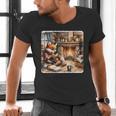 Fox Reads By Fireplace In Cabin Rustic Book Cozy Cup Tea Men's V-Neck T-Shirt