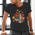 Vintage Books Tea Lovers Fall Autumn Leaves And Pumpkins Men's V-Neck T-Shirt