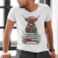 Cute Highland Cow With Book Floral Bookworm Librarian Book Men's V-Neck T-Shirt Cute Highland Cow With Book Floral Bookworm Librarian Book Men's V-Neck T-Shirt