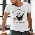 Life Is Better With Tea Cats And Books Cat Sayings Men's V-Neck T-Shirt Life Is Better With Tea Cats And Books Cat Sayings Men's V-Neck T-Shirt