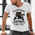 Read Banned Books Drink Coffee Fight Evil Retro Cat Men's V-Neck T-Shirt Read Banned Books Drink Coffee Fight Evil Retro Cat Men's V-Neck T-Shirt