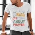 Read And Think About Prayer Faith & Book Lover Premium Men's V-Neck T-Shirt Read And Think About Prayer Faith & Book Lover Premium Men's V-Neck T-Shirt
