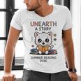 Unearth a Story Cute Kitten Summer Reading 2026 Cat Book Men's V-Neck T-Shirt