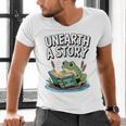 Unearth a Story Frog Reading a Book Summer 2026 Premium Tri-Blend Men's V-Neck T-Shirt