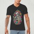 Book Lover Skeleton Reading With Dia De Los Muertos Flowers Men's V-Neck T-Shirt Book Lover Skeleton Reading With Dia De Los Muertos Flowers Men's V-Neck T-Shirt