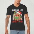 Book Reading Just Waiting For Christmas Gingerbread Men's V-Neck T-Shirt