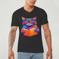 Cat Book Shirt Colorful Cat Reading Book Men's V-Neck T-Shirt