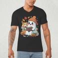 Cute Cozy Ghost Reading With Cat Book Lover Autumn Fall Men's V-Neck T-Shirt Cute Cozy Ghost Reading With Cat Book Lover Autumn Fall Men's V-Neck T-Shirt