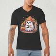 Cute Ghost Drinking Coffee Halloween Reading Book Retro Men's V-Neck T-Shirt Cute Ghost Drinking Coffee Halloween Reading Book Retro Men's V-Neck T-Shirt
