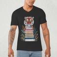 Cute Tiger With Book Floral Bookworm Librarian Book Lover Men's V-Neck T-Shirt
