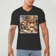Fox Reads By Fireplace In Cabin Rustic Book Cozy Cup Tea Men's V-Neck T-Shirt