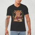 Highland Cow Reading Book Graphic Cow With Book Floral Men's V-Neck T-Shirt Highland Cow Reading Book Graphic Cow With Book Floral Men's V-Neck T-Shirt