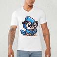 Adorable Book Lover Blue Jay With Reading Glasses Cute Raglan Baseball Tee Men's V-Neck T-Shirt