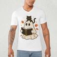 Books Ghost Reading Book Halloween Library Cat Fall Men's V-Neck T-Shirt