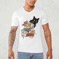 Cat And Books Flowers Reading Club Cat Lover Bookworm Men's V-Neck T-Shirt