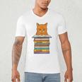 Cute Orange Tabby Cat Reading On Pile Of Books Men's V-Neck T-Shirt