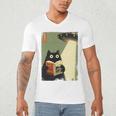 Vintage Japanese Cat Book Lovers UFO Alien Abduction Cat Dad Men's V-Neck T-Shirt