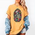 Book Lover Skeleton Reading With Dia De Los Muertos Flowers Women's Comfort Colors T-Shirt Mustard