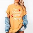 This Introvert Loves Jesus Religious Red Hearts Graphic Women's Comfort Colors T-Shirt Mustard