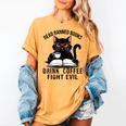 Read Banned Books Drink Coffee Fight Evil Retro Cat Women's Comfort Colors T-Shirt Mustard Read Banned Books Drink Coffee Fight Evil Retro Cat Women's Comfort Colors T-Shirt Mustard