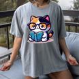 Adorable Book Lover Calico Cat With Reading Glasses Cute For Men Women Kids Women's Comfort Colors T-Shirt Gray