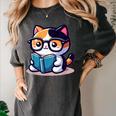 Adorable Book Lover Calico Cat With Reading Glasses Cute For Men Women Kids Women's Comfort Colors T-Shirt Pepper