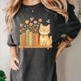 Cute Kawaii Cat Books Flowers Women's Comfort Colors T-Shirt Pepper