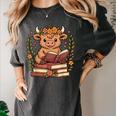 Highland Cow Reading Book Graphic Cow With Book Floral Women's Comfort Colors T-Shirt Pepper Highland Cow Reading Book Graphic Cow With Book Floral Women's Comfort Colors T-Shirt Pepper