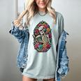 Book Lover Skeleton Reading With Dia De Los Muertos Flowers Women's Comfort Colors T-Shirt Denim