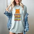 Cute Orange Tabby Cat Reading On Pile Of Books Women's Comfort Colors T-Shirt Denim Cute Orange Tabby Cat Reading On Pile Of Books Women's Comfort Colors T-Shirt Denim