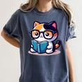 Adorable Book Lover Calico Cat With Reading Glasses Cute For Men Women Kids Women's Comfort Colors T-Shirt Moss