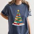 Book Christmas Tree Xmas Lights Book Lover Teacher Librarian Women's Comfort Colors T-Shirt Moss