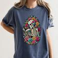 Book Lover Skeleton Reading With Dia De Los Muertos Flowers Women's Comfort Colors T-Shirt Moss