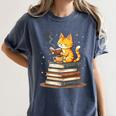 Cat Reading Books Women's Comfort Colors T-Shirt Moss Cat Reading Books Women's Comfort Colors T-Shirt Moss