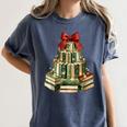 Christmas Book Tree Coquette Bow Xmas Reading Librarian Girl Women's Comfort Colors T-Shirt Moss