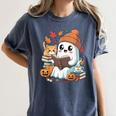 Cute Cozy Ghost Reading With Cat Book Lover Autumn Fall Women's Comfort Colors T-Shirt Moss Cute Cozy Ghost Reading With Cat Book Lover Autumn Fall Women's Comfort Colors T-Shirt Moss