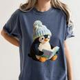 Cute Penguin Reading Book Faux-Crochet Print Women's Comfort Colors T-Shirt Moss
