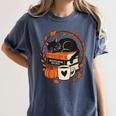 Fall Book Teacher Cat Books Halloween Autumn Librarian Women's Comfort Colors T-Shirt Moss