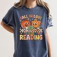 Fall In Love With Reading Autumn Pumpkin Teacher Book Lover Women's Comfort Colors T-Shirt Moss Fall In Love With Reading Autumn Pumpkin Teacher Book Lover Women's Comfort Colors T-Shirt Moss
