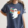 Ghost Reading Books Halloween Library Women's Comfort Colors T-Shirt Moss