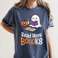 Halloween Teacher Women Cute Reading Ghost Read More Books Women's Comfort Colors T-Shirt Moss