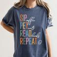 Sip Coffee Pet Cats Read Books Repeat Book Cat Lover Women's Comfort Colors T-Shirt Moss