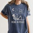 Skeleton Read In Peace Halloween Book Graphic Bookish Women's Comfort Colors T-Shirt Moss