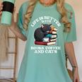 Life Is Better With Books Cats & Coffee Librarian Book Lover Women's Comfort Colors T-Shirt Violet Life Is Better With Books Cats & Coffee Librarian Book Lover Women's Comfort Colors T-Shirt Violet